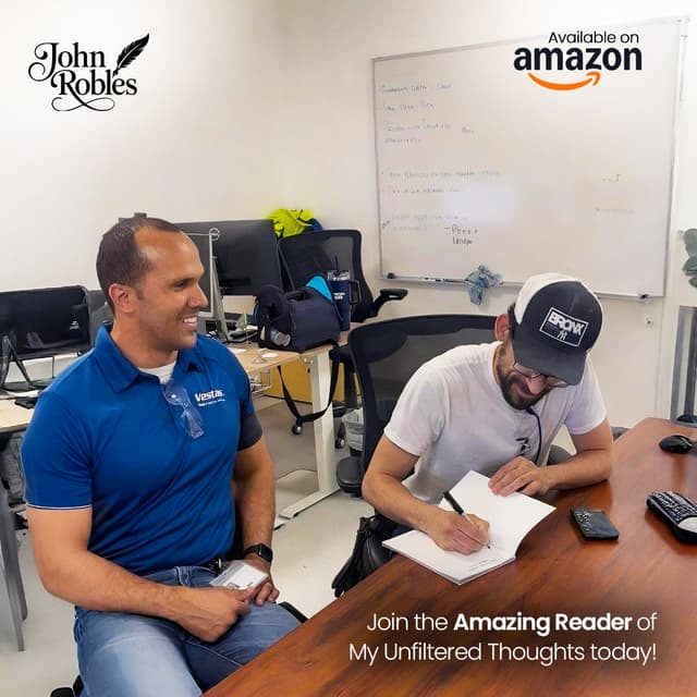 Reader signing book in office setting