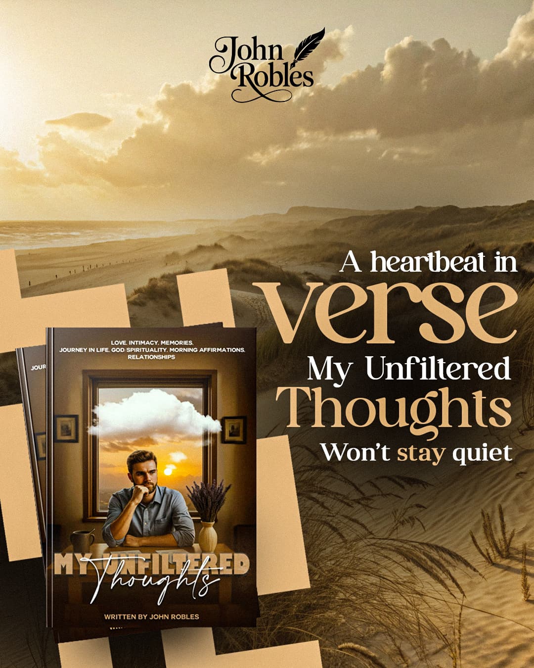 Beach sunset with heartbeat in verse poetry quote